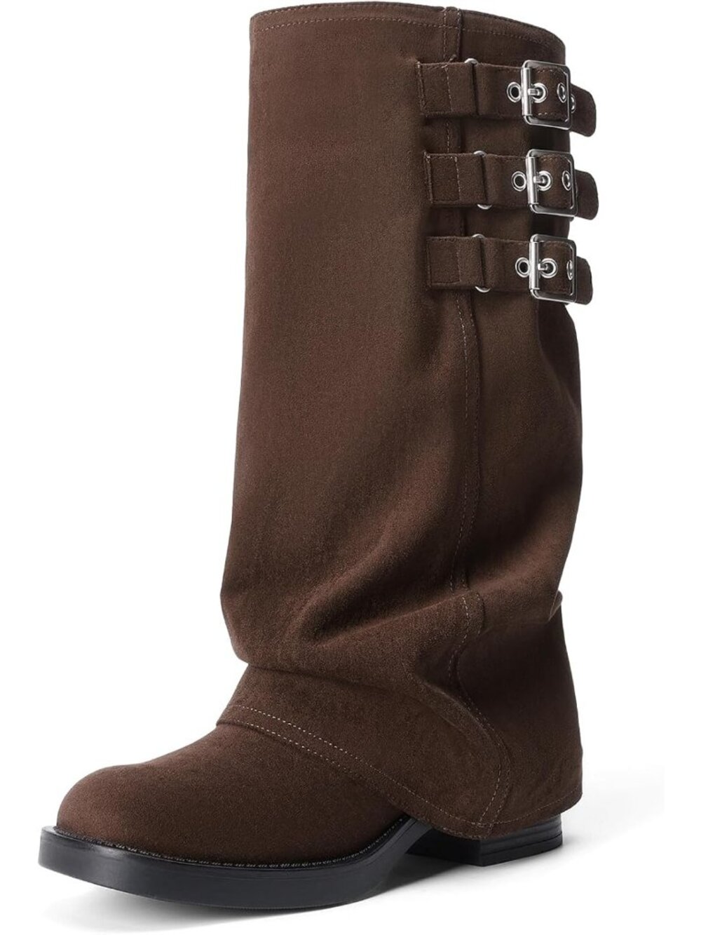 👢DREAM PAIRS Women's Dark Brown Fold-over Knee High Fashion Boots Chunky Heel